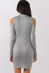 Grey Ribbed Cold Shoulder High Neck Dress - Evie-Dresses
