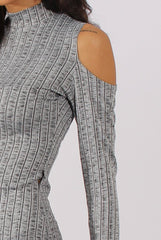 Grey Ribbed Cold Shoulder High Neck Dress - Evie-Dresses