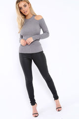Grey Ribbed Cold Shoulder Jumper - Briella-Jumper