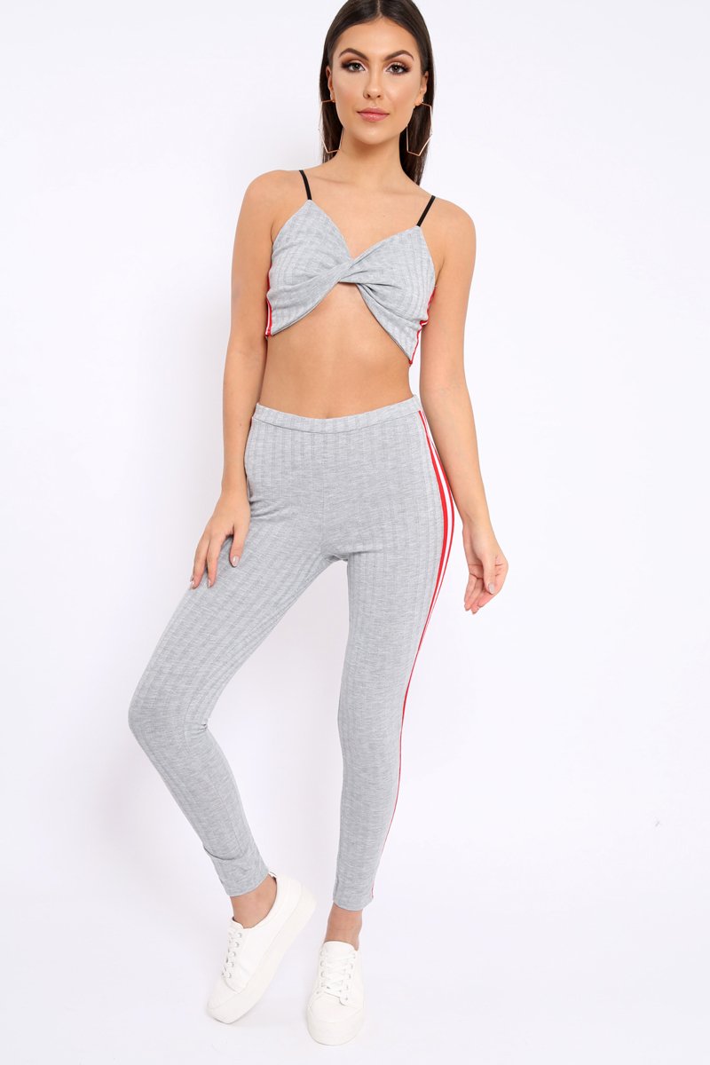 Grey Ribbed Contrast Side Stripe Co-ord - Kaity-Co-ords