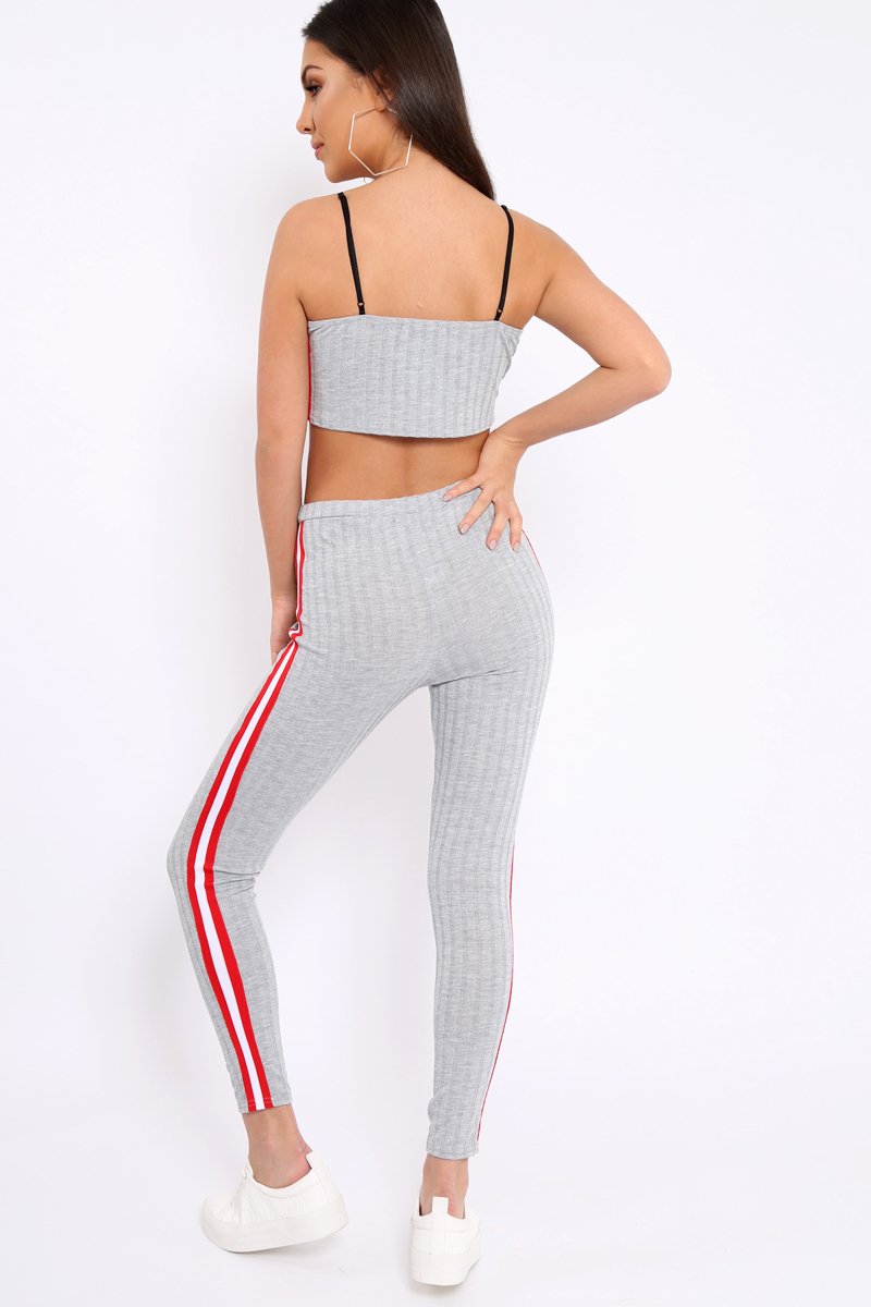 Grey Ribbed Contrast Side Stripe Co-ord - Kaity-Co-ords