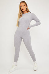 Grey Ribbed Corset Seam Long Sleeve Jumpsuit - Poppy-Jumpsuits