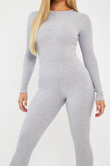 Grey Ribbed Corset Seam Long Sleeve Jumpsuit - Poppy-Jumpsuits