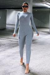 Grey Ribbed Corset Seam Long Sleeve Jumpsuit - Poppy-Jumpsuits
