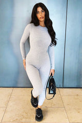 Grey Ribbed Corset Seam Long Sleeve Jumpsuit - Poppy-Jumpsuits
