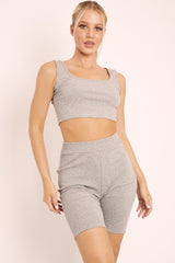 Grey Ribbed Crop Top and Cycling Shorts Co-ord - Nina-Co-ords