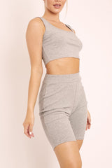 Grey Ribbed Crop Top and Cycling Shorts Co-ord - Nina-Co-ords