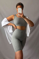 Grey Ribbed Crop Top and Cycling Shorts Co-ord - Nina-Co-ords