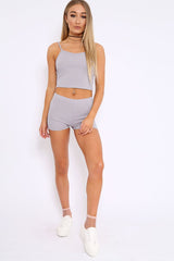 Grey Ribbed Crop Top and Shorts Co-ord Set - Jenara-Co-ords