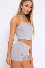 Grey Ribbed Crop Top and Shorts Co-ord Set - Jenara-Co-ords