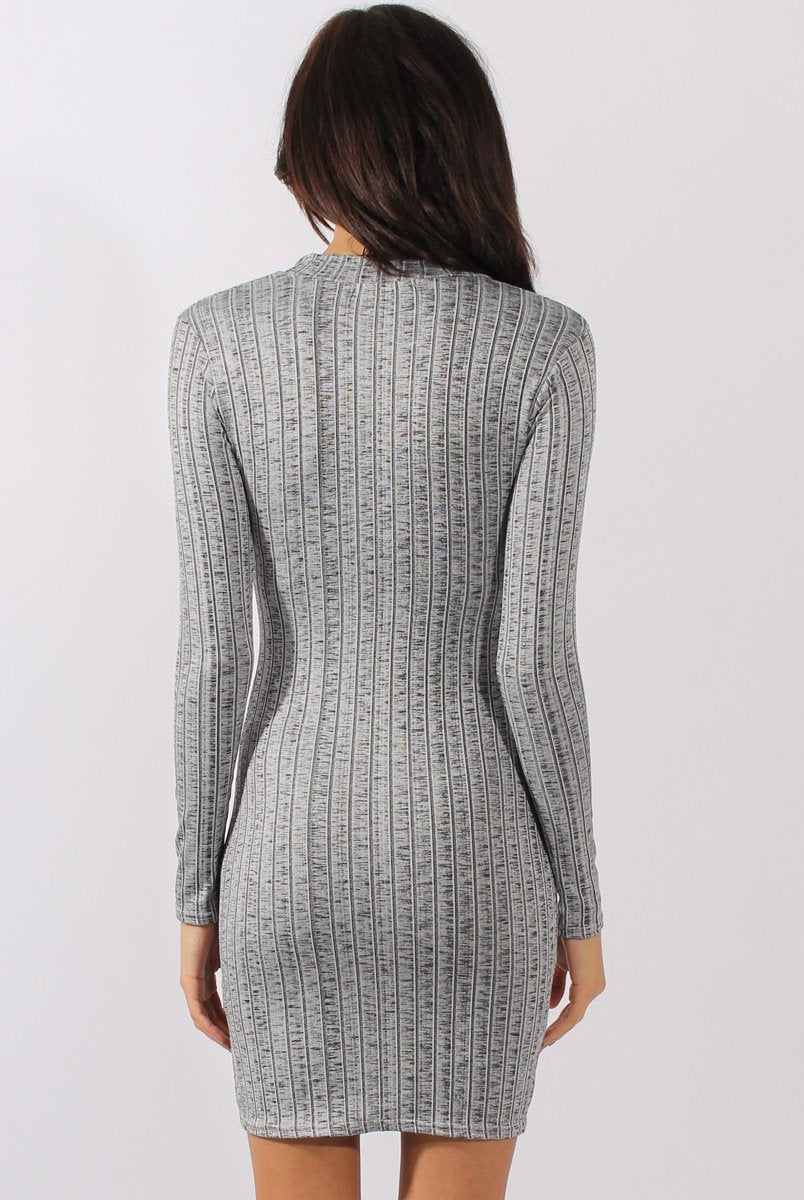 Grey Ribbed Cut Out Front Bodycon Dress - Lenny-Dresses