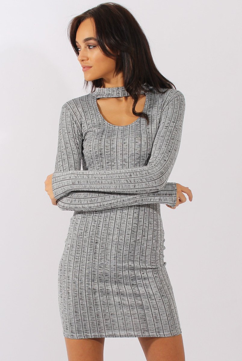 Grey Ribbed Cut Out Front Bodycon Dress - Lenny Grey Ribbed Cut Out Front Bodycon Dress - Lenny