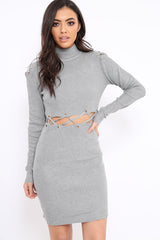 Grey Ribbed Cut Out Lace Jumper Dress - Cierra-Dresses