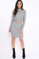 Grey Ribbed Cut Out Lace Jumper Dress - Cierra-Dresses