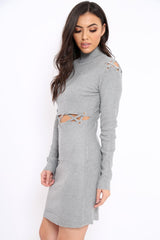 Grey Ribbed Cut Out Lace Jumper Dress - Cierra-Dresses