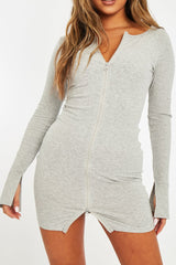 Grey Ribbed Double Zip Bodycon Mini Dress - Bellani-Dresses