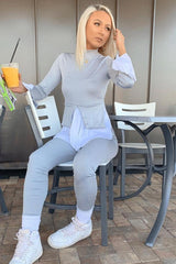 Grey Ribbed Flared Shirt and Leggings Co-ord - Aafiya-Co-ords