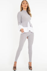 Grey Ribbed Flared Shirt and Leggings Co-ord - Aafiya-Co-ords