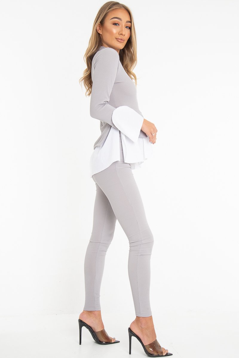 Grey Ribbed Flared Shirt and Leggings Co-ord - Aafiya-Co-ords