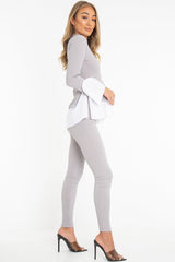 Grey Ribbed Flared Shirt and Leggings Co-ord - Aafiya-Co-ords