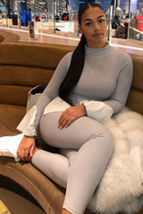 Grey Ribbed Flared Shirt and Leggings Co-ord - Aafiya-Co-ords