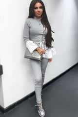 Grey Ribbed Flared Shirt and Leggings Co-ord - Aafiya-Co-ords