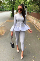 Grey Ribbed Flared Shirt and Leggings Co-ord - Aafiya-Co-ords