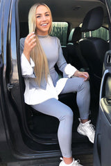 Grey Ribbed Flared Shirt and Leggings Co-ord - Aafiya-Co-ords