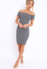Grey Ribbed Frill Hem Bardot Bodycon Dress - Kamille-Crop Tops