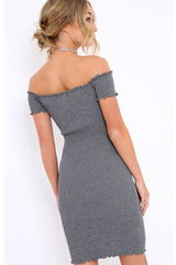 Grey Ribbed Frill Hem Bardot Bodycon Dress - Kamille-Crop Tops