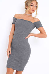 Grey Ribbed Frill Hem Bardot Bodycon Dress - Kamille-Crop Tops