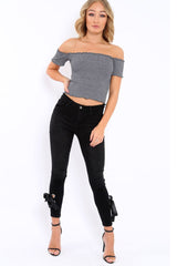 Grey Ribbed Frill Hem Bardot Crop Top - Adelle-Crop Tops