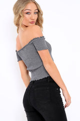 Grey Ribbed Frill Hem Bardot Crop Top - Adelle-Crop Tops