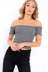 Grey Ribbed Frill Hem Bardot Crop Top - Adelle-Crop Tops