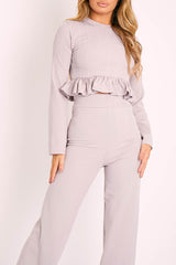 Grey Ribbed Frill Hem Top and Wide Leg Trouser Co-ord - Blayke-Co-ords