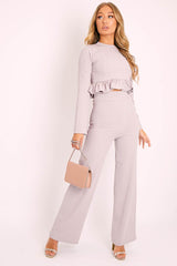 Grey Ribbed Frill Hem Top and Wide Leg Trouser Co-ord - Blayke-Co-ords