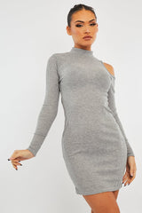 Grey Ribbed High Neck Shoulder Cut Out Mini Dress - Carola-Dresses