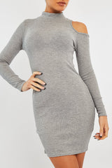 Grey Ribbed High Neck Shoulder Cut Out Mini Dress - Carola-Dresses
