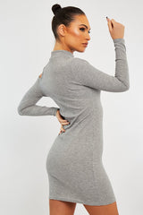 Grey Ribbed High Neck Shoulder Cut Out Mini Dress - Carola-Dresses