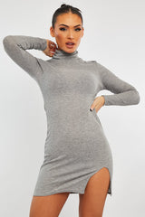Grey Ribbed High Neck Side Split Mini Dress - Jamela-Dresses
