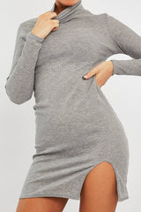 Grey Ribbed High Neck Side Split Mini Dress - Jamela-Dresses