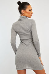 Grey Ribbed High Neck Side Split Mini Dress - Jamela-Dresses