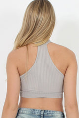Grey Ribbed High Neck Split Front Crop Top - Katla-Crop Tops