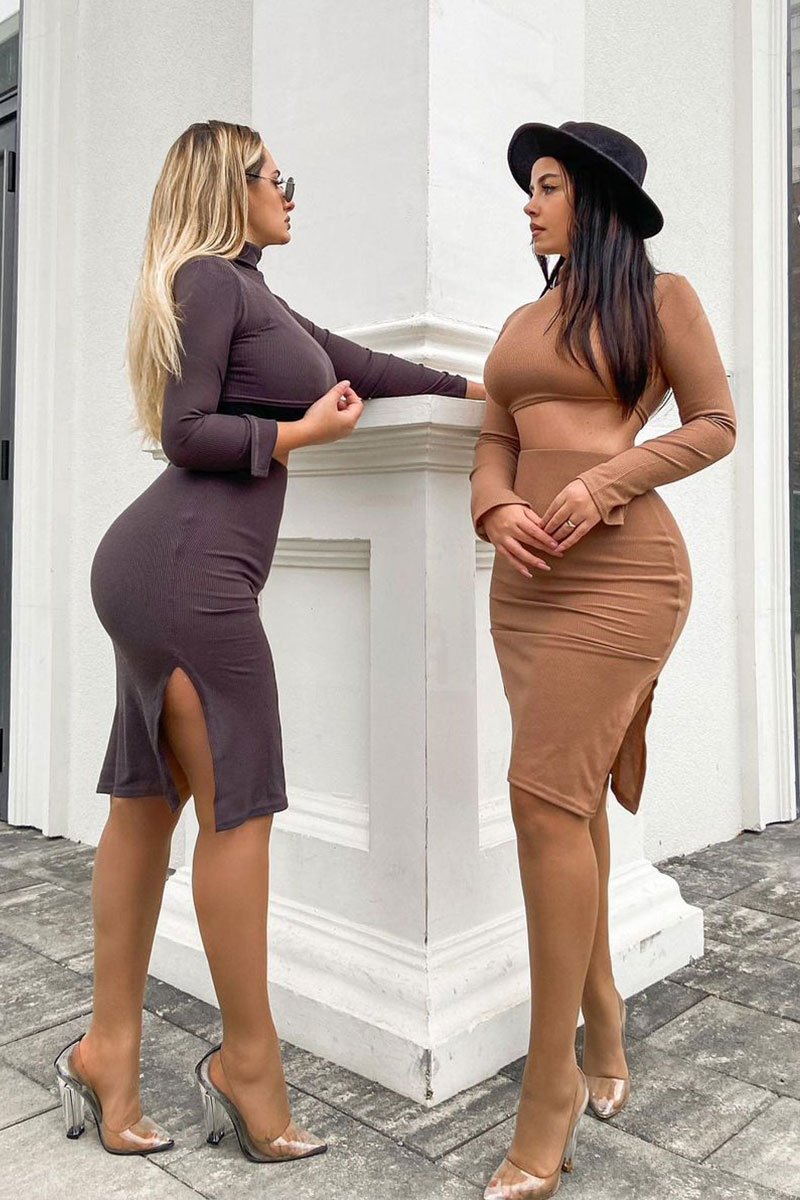 Grey Ribbed High Neck Top Skirt Co-ord - Kaili-Co-ords