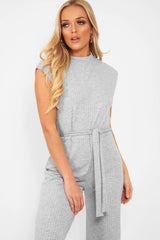 Grey Ribbed High Neck Wide Leg Belted Jumpsuit - Rayden-Jumpsuits