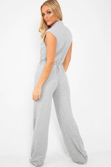 Grey Ribbed High Neck Wide Leg Belted Jumpsuit - Rayden-Jumpsuits
