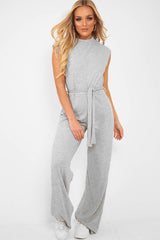 Grey Ribbed High Neck Wide Leg Belted Jumpsuit - Rayden-Jumpsuits
