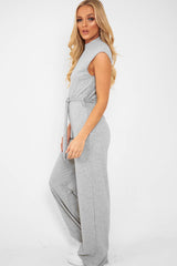 Grey Ribbed High Neck Wide Leg Belted Jumpsuit - Rayden-Jumpsuits