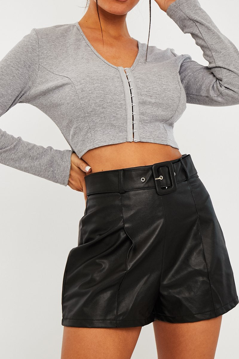 Grey Ribbed Hook Fastening Crop Top - Piper-Crop Tops