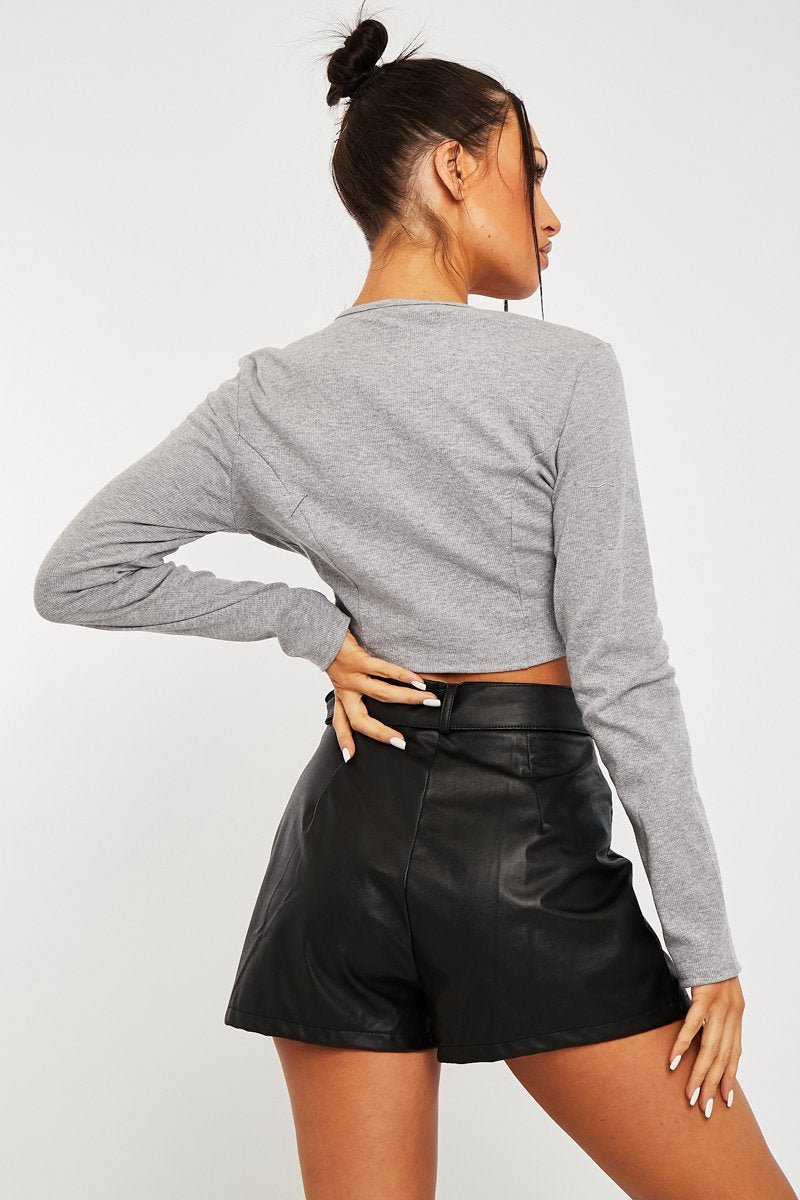 Grey Ribbed Hook Fastening Crop Top - Piper-Crop Tops